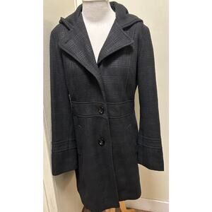 Esprit Collection Women’s Winter Long Hooded Coat Wool Blend Charcoal Plaid-Med